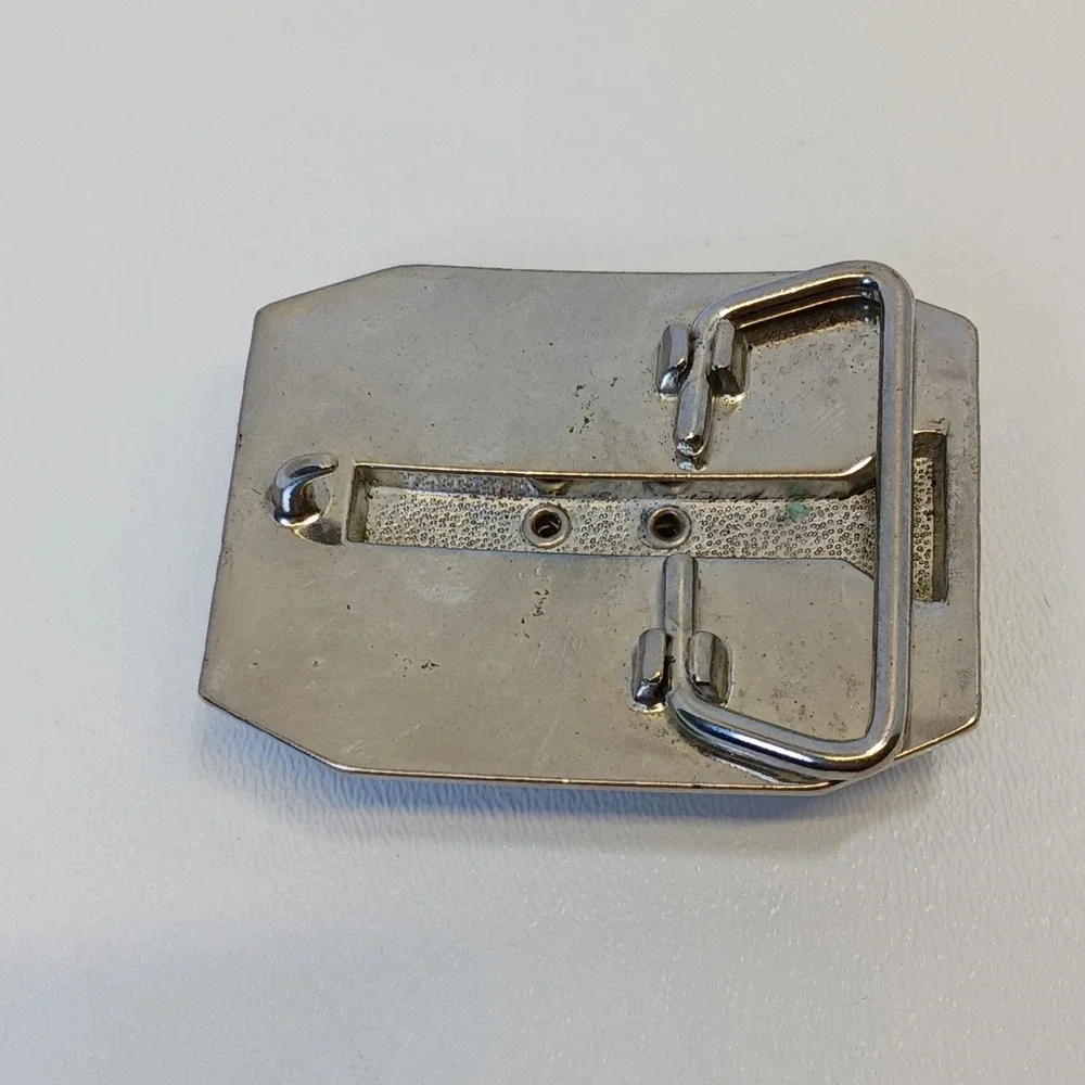 Vintage Western Agate Belt Buckle Silver Tone Black Enamel Rectangular Mens